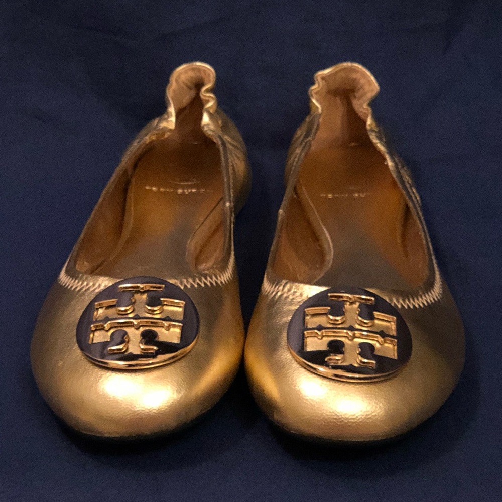Gold Tory Burch Reva Flats with Logo